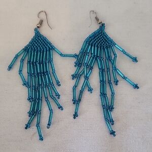 Handcrafted Turquoise Blue Seed Bead Fringe Earrings - Women Jewelry